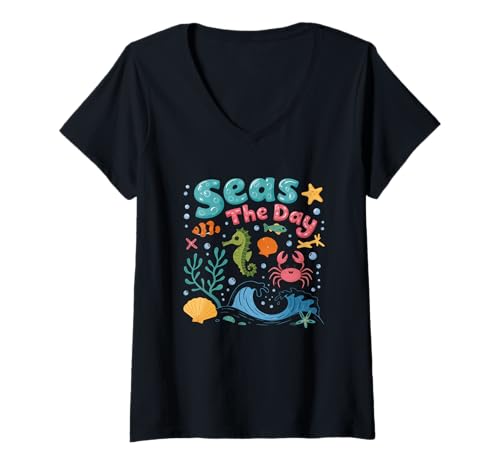 Damen Meere The Day Meereslebewesen Ocean Vibes T-Shirt mit V-Ausschnitt von Ocean Adventure Nautical Sea Life Fun