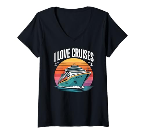 Damen Ich Liebe Kreuzfahrten Sunset Voyage Travel T-Shirt mit V-Ausschnitt Damen Ich Liebe Kreuzfahrten Sunset Voyage Travel T-Shirt mit V-Ausschnitt von Ocean Adventure Travel Cruise Apparel
