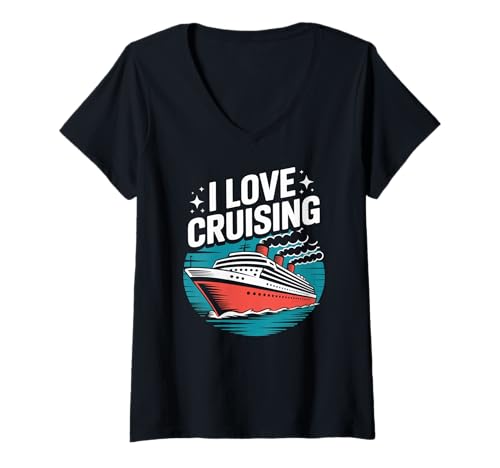 Damen Ich Liebe Kreuzfahrten, Liebhaber von Seereisen T-Shirt mit V-Ausschnitt von Ocean Adventures Cruise Vacation Fun