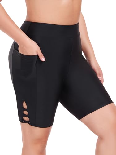Ocean Blues Damen 8" High Waisted Badeshorts mit Taschen | Bauchkontroll-Effekt, Schnelltrocknend Schwarz - Größe L von Ocean Blues