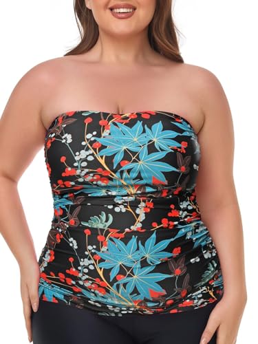 Ocean Blues Damen Bandeau Tankini-Oberteil mit Rüschen & Bauchkontroll-Effekt | Bade-Oberteil ohne Träger in Blattmuster - Größe XXL von Ocean Blues