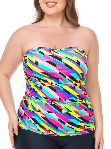 Ocean Blues Damen Bandeau Tankini-Oberteil mit Rüschen & Bauchkontroll-Effekt | Bade-Oberteil ohne Träger in Neon-gestreift - Größe L von Ocean Blues
