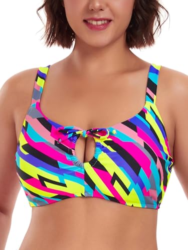 Ocean Blues Damen Retro Bikini-Oberteil mit Ausschnittdetails & Schnürrücken | Gepolsterter Bade-Oberteil in Neon-gestreift - Größe M von Ocean Blues