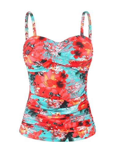 Ocean Blues Damen Tankini Oberteil mit abnehmbaren Trägern und Bauchkontroll Raffung Bikini Top für Strand und Pool in Blauer Blumenprint Größe M von Ocean Blues