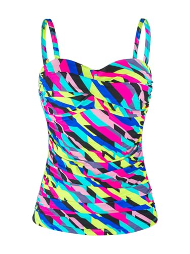 Ocean Blues Damen Tankini Oberteil mit abnehmbaren Trägern und Bauchkontroll Raffung Bikini Top für Strand und Pool in Neon-gestreift Größe XL von Ocean Blues