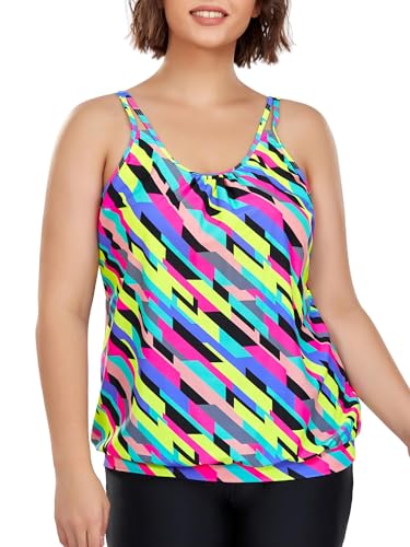 Ocean Blues Damen Tankini Oberteil ohne Bügel Übergröße mit Verstellbaren Trägern und Blouson Lockere Passform Badebekleidung, Neon-gestreift, Größe L von Ocean Blues