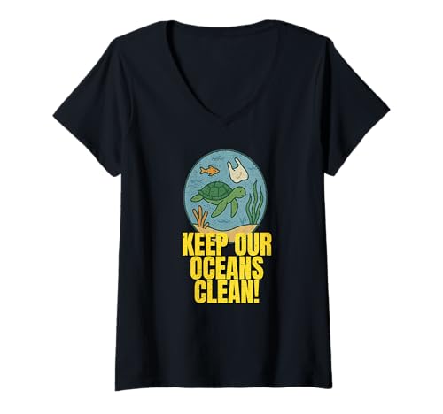 Damen Keep Our Oceans Clean – Schildkröten-Plastiktüte T-Shirt mit V-Ausschnitt von Ocean Clean Design Co.