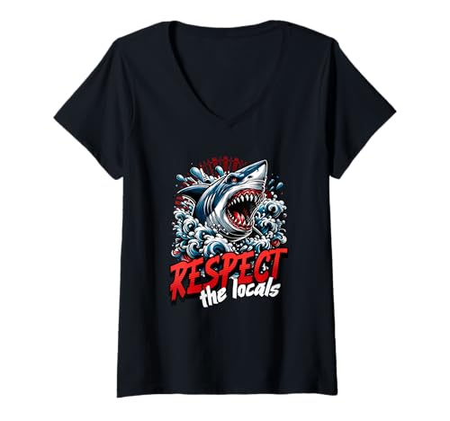 Damen Respektiere die Einheimischen Shark Summer Surf T-Shirt mit V-Ausschnitt Damen Respektiere die Einheimischen Shark Summer Surf T-Shirt mit V-Ausschnitt von Ocean Conservation Beach Graphic