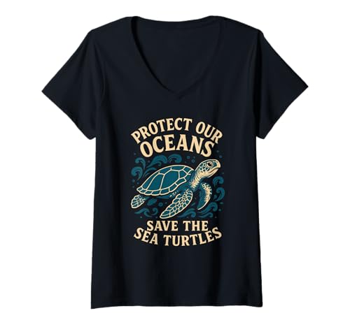 Damen Protect Our Oceans Save The Sea Turtles Meerestier T-Shirt mit V-Ausschnitt Damen Protect Our Oceans Save The Sea Turtles Meerestier T-Shirt mit V-Ausschnitt von Ocean Conservation Marine Life Awareness Shirts