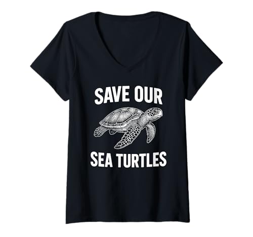 Damen Rettet unsere Meeresschildkröten Bewusstsein für Meeresschutz Schildkröte T-Shirt mit V-Ausschnitt von Ocean Conservation Marine Life Awareness Shirts