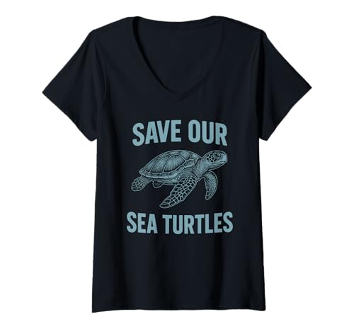 Damen Rettet unsere Meeresschildkröten Bewusstsein für Meeresschutz Schildkröte T-Shirt mit V-Ausschnitt von Ocean Conservation Marine Life Awareness Shirts