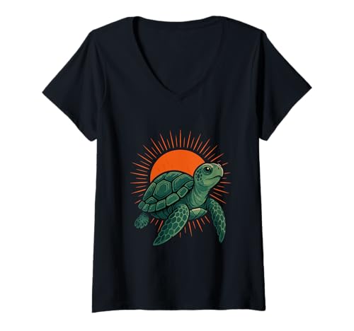 Damen Schildkröte und Sonnenuntergang Grafik Lustiges Tier T-Shirt mit V-Ausschnitt von Ocean Critters and Apparel