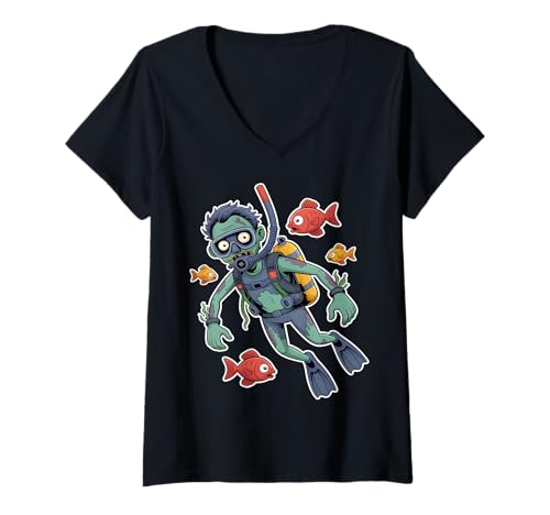 Damen Zombie-Taucher Halloween T-Shirt mit V-Ausschnitt Damen Zombie-Taucher Halloween T-Shirt mit V-Ausschnitt von Ocean Discovery Apparel