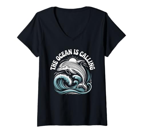 Damen Delphin Lover The Ocean is Calling Sea Enthusiast T-Shirt mit V-Ausschnitt Damen Delphin Lover The Ocean is Calling Sea Enthusiast T-Shirt mit V-Ausschnitt von Ocean Dreams Apparel for Water Lovers