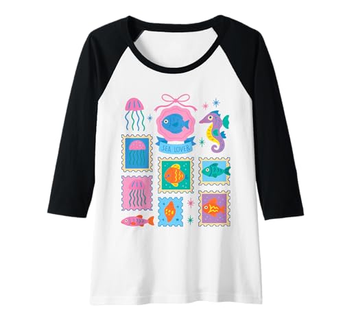 Damen Süße Meeresliebhaber Ozeantiere Portostempel Stil Marine Art Raglan von Ocean Dreams Club Sea Life Tees for Kids & Adults
