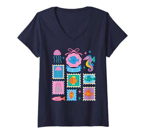 Damen Süße Meeresliebhaber Ozeantiere Portostempel Stil Marine Art T-Shirt mit V-Ausschnitt von Ocean Dreams Club Sea Life Tees for Kids & Adults