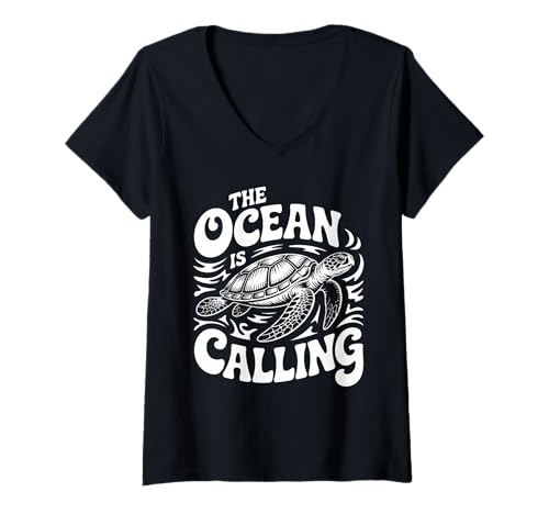 Damen Der Ozean Ruft Schildkröten-Design für Strandliebhaber T-Shirt mit V-Ausschnitt von Ocean Explorer Apparel for Beach and Nature Lover