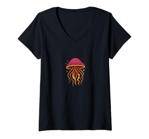 Damen Quallen Retro Ozean Tiefsee Kreatur Ästhetik Natur T-Shirt mit V-Ausschnitt Damen Quallen Retro Ozean Tiefsee Kreatur Ästhetik Natur T-Shirt mit V-Ausschnitt von Ocean Glow Collectives