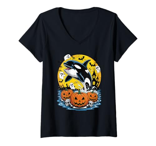 Damen Halloween Gruselige Orca Wal Kürbisse Geister T-Shirt mit V-Ausschnitt Damen Halloween Gruselige Orca Wal Kürbisse Geister T-Shirt mit V-Ausschnitt von Ocean Horror Co