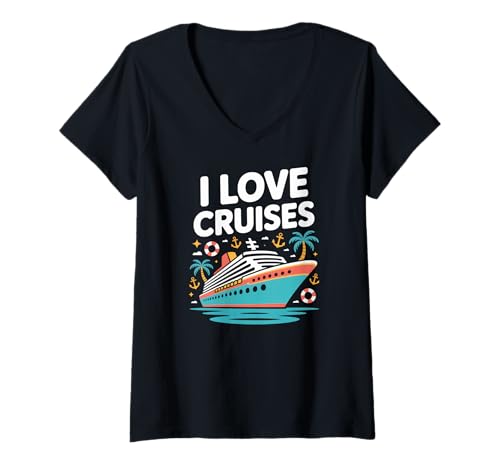 Damen Ich Liebe Kreuzfahrten, nautische Urlaubsstimmung T-Shirt mit V-Ausschnitt von Ocean Journey Cruise Ship Enthusiast Apparel