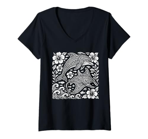 Damen Tribal Delfin und Manta Rochen, Meer, Ozeanleben Kunstwerk T-Shirt mit V-Ausschnitt von Ocean Life Spirit Tribal Sea Apparel Art