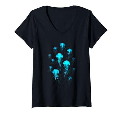 Damen Ästhetisches, leuchtendes Quallen-Kunstwerk T-Shirt mit V-Ausschnitt Damen Ästhetisches, leuchtendes Quallen-Kunstwerk T-Shirt mit V-Ausschnitt von Ocean Life