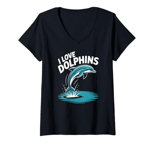 Damen Ich Liebe Delfine Playful Marine Delight T-Shirt mit V-Ausschnitt von Ocean Lovers Marine Life Enthusiasts