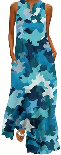 Ocean Plus Ärmellose Vintage Bedruckte Maxikleider mit V-Ausschnitt für Damen im Sommer Langes Kleid (M, Blaue Tarnung) von Ocean Plus