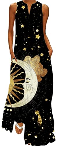 Ocean Plus Ärmellose Vintage Bedruckte Maxikleider mit V-Ausschnitt für Damen im Sommer Langes Kleid (S, Sternen und Mond) von Ocean Plus