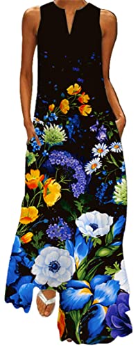 Ocean Plus Damen Ärmelloser Langer Rock V-Ausschnitt Bedrucktes Blumenkleid Ärmelloses Maxikleid mit V-Ausschnitt (3XL, Blauviolette Blumen) von Ocean Plus