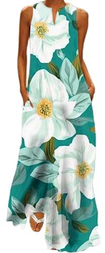 Ocean Plus Damen Ärmelloser Langer Rock V-Ausschnitt Bedrucktes Blumenkleid Ärmelloses Maxikleid mit V-Ausschnitt (3XL, Cyan weiße Blüten) von Ocean Plus