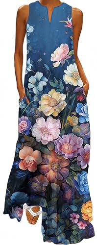 Ocean Plus Damen Ärmelloser Langer Rock V-Ausschnitt Bedrucktes Blumenkleid Ärmelloses Maxikleid mit V-Ausschnitt (3XL, Mehrfarbige Rosen) von Ocean Plus