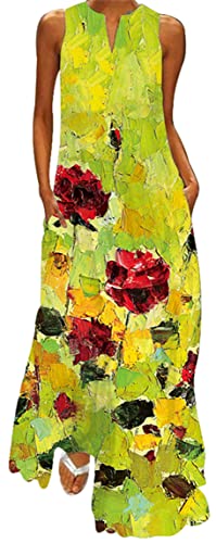 Ocean Plus Damen Ärmelloser Langer Rock V-Ausschnitt Bedrucktes Blumenkleid Ärmelloses Maxikleid mit V-Ausschnitt (3XL, Ölgemälde Rose) von Ocean Plus