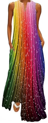 Ocean Plus Damen Ärmelloser Langer Rock V-Ausschnitt Bedrucktes Blumenkleid Ärmelloses Maxikleid mit V-Ausschnitt (3XL, Regenbogenfarbe) von Ocean Plus