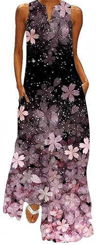 Ocean Plus Damen Ärmelloser Langer Rock V-Ausschnitt Bedrucktes Blumenkleid Ärmelloses Maxikleid mit V-Ausschnitt (3XL, Rosa Kirschblüten) von Ocean Plus