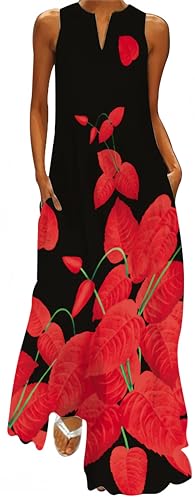 Ocean Plus Damen Ärmelloser Langer Rock V-Ausschnitt Bedrucktes Blumenkleid Ärmelloses Maxikleid mit V-Ausschnitt (3XL, Rote Blüten und Blätter) von Ocean Plus