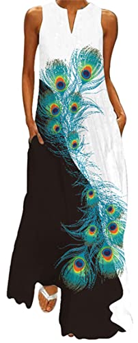 Ocean Plus Damen Ärmelloser Langer Rock V-Ausschnitt Bedrucktes Blumenkleid Ärmelloses Maxikleid mit V-Ausschnitt (3XL, Schwarze und weiße Pfauenfedern) von Ocean Plus