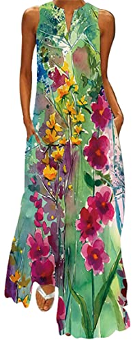 Ocean Plus Damen Ärmelloser Langer Rock V-Ausschnitt Bedrucktes Blumenkleid Ärmelloses Maxikleid mit V-Ausschnitt (4XL, Aquarellblumen) von Ocean Plus