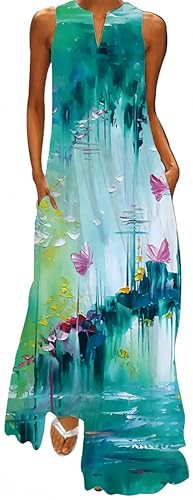 Ocean Plus Damen Ärmelloser Langer Rock V-Ausschnitt Bedrucktes Blumenkleid Ärmelloses Maxikleid mit V-Ausschnitt (4XL, Aquarelllotus) von Ocean Plus