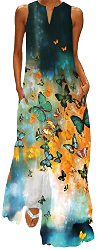 Ocean Plus Damen Ärmelloser Langer Rock V-Ausschnitt Bedrucktes Blumenkleid Ärmelloses Maxikleid mit V-Ausschnitt (4XL, Eine Gruppe Schmetterlinge) von Ocean Plus