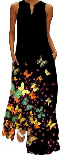Ocean Plus Damen Ärmelloser Langer Rock V-Ausschnitt Bedrucktes Blumenkleid Ärmelloses Maxikleid mit V-Ausschnitt (4XL, Kleine Blumen und Schmetterlinge) von Ocean Plus