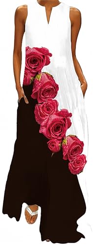 Ocean Plus Damen Ärmelloser Langer Rock V-Ausschnitt Bedrucktes Blumenkleid Ärmelloses Maxikleid mit V-Ausschnitt (4XL, Rote Rosen) von Ocean Plus