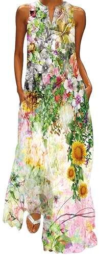 Ocean Plus Damen Ärmelloser Langer Rock V-Ausschnitt Bedrucktes Blumenkleid Ärmelloses Maxikleid mit V-Ausschnitt (4XL, Sonnenblumen in Aquarellmalerei) von Ocean Plus