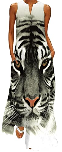Ocean Plus Damen Ärmelloser Langer Rock V-Ausschnitt Bedrucktes Blumenkleid Ärmelloses Maxikleid mit V-Ausschnitt (4XL, Tiger) von Ocean Plus