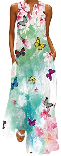 Ocean Plus Damen Ärmelloser Langer Rock V-Ausschnitt Bedrucktes Blumenkleid Ärmelloses Maxikleid mit V-Ausschnitt (5XL, Kirschblüten und Schmetterlinge) von Ocean Plus