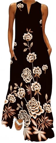 Ocean Plus Damen Ärmelloser Langer Rock V-Ausschnitt Bedrucktes Blumenkleid Ärmelloses Maxikleid mit V-Ausschnitt (M, Goldene Blumen) von Ocean Plus