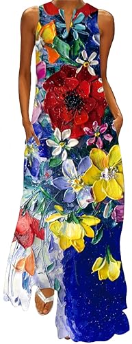 Ocean Plus Damen Ärmelloser Langer Rock V-Ausschnitt Bedrucktes Blumenkleid Ärmelloses Maxikleid mit V-Ausschnitt (M, Ölgemälde große Blumen) von Ocean Plus