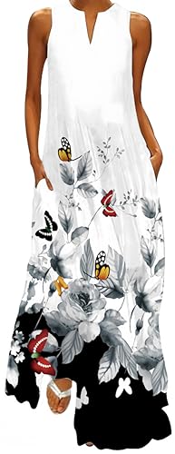 Ocean Plus Damen Ärmelloser Langer Rock V-Ausschnitt Bedrucktes Blumenkleid Ärmelloses Maxikleid mit V-Ausschnitt (M, Schwarz und weiß Blumen und Schmetterlinge) von Ocean Plus