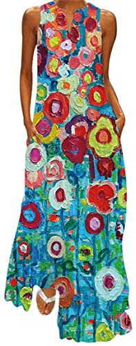 Ocean Plus Damen Ärmelloser Langer Rock V-Ausschnitt Bedrucktes Blumenkleid Ärmelloses Maxikleid mit V-Ausschnitt (XL, Bunte runde Blumen) von Ocean Plus