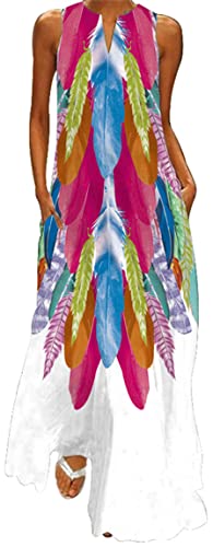 Ocean Plus Damen Ärmelloser Langer Rock V-Ausschnitt Bedrucktes Blumenkleid Ärmelloses Maxikleid mit V-Ausschnitt (XL, Farbige Federn) von Ocean Plus